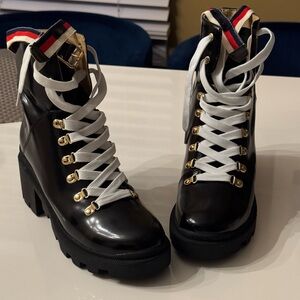 Gucci Black Combat Boots with White Laces and Gold Details
